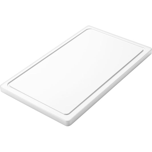 The SMALL CUTTING BOARD from Haug Bürsten KG (PE, non-slip, 500x300x20mm) is shown from an oblique angle against a white background; it is rectangular, white, and has slightly raised edges as well as a smooth, non-slip surface.