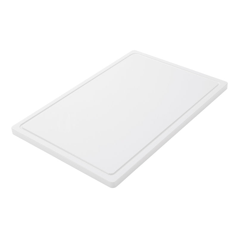 The Haug Bürsten KG CUTTING BOARD LARGE, PE, NON-SLIP, 600X400X20MM is a large, rectangular, white cutting board with a non-slip surface and raised edge, depicted at an angle against a white background - ideal for daily use in the kitchen.