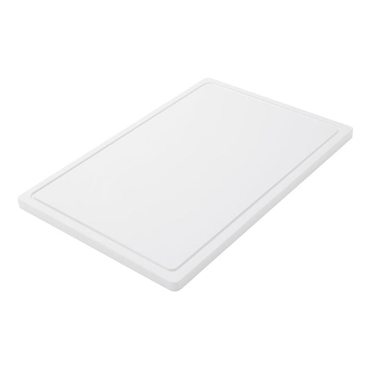 The Haug Bürsten KG CUTTING BOARD LARGE, PE, NON-SLIP, 600X400X20MM is a large, rectangular, white cutting board with a non-slip surface and raised edge, depicted at an angle against a white background - ideal for daily use in the kitchen.