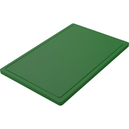 A green CUTTING BOARD LARGE, PE, non-slip (600x400x20mm) from Haug Bürsten KG is used as a rectangular lid and presented from an angle against a white background.