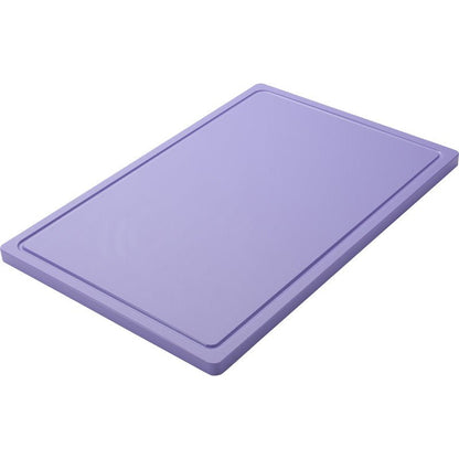 Depicted is a rectangular, purple CUTTING BOARD LARGE (600x400x20mm) from Haug Bürsten KG made of non-slip PE with a slightly raised edge against a white background.