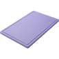 Depicted is a rectangular, purple CUTTING BOARD LARGE (600x400x20mm) from Haug Bürsten KG made of non-slip PE with a slightly raised edge against a white background.
