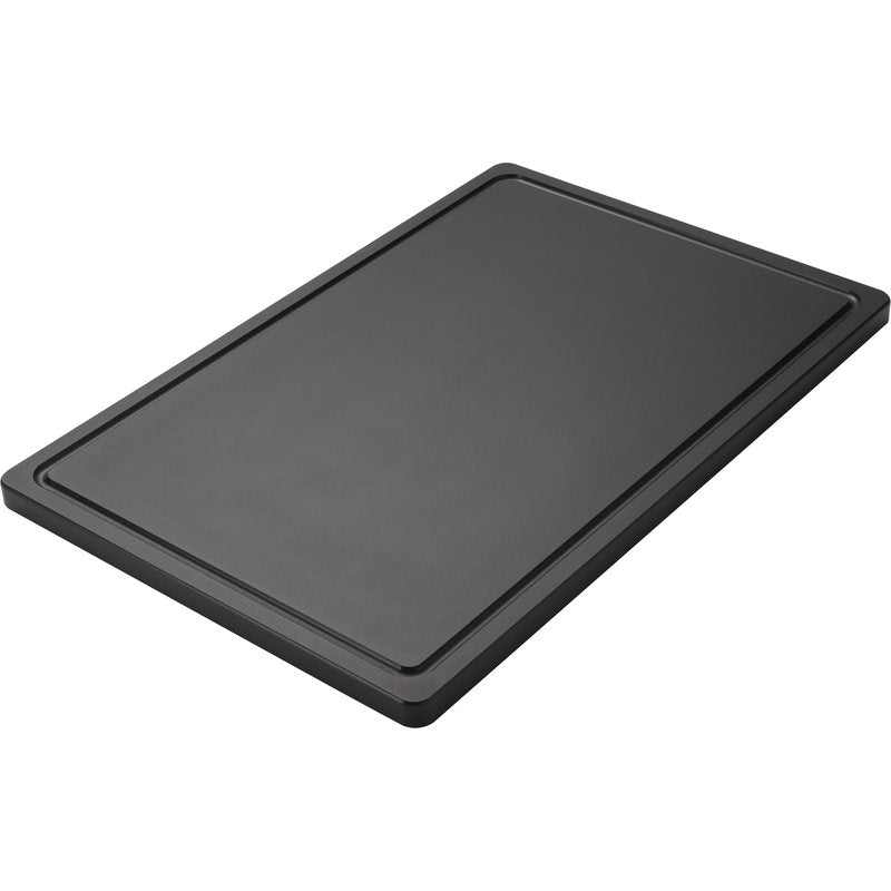 The CUTTING BOARD LARGE from Haug Bürsten KG made of polyethylene (600x400x20mm), non-slip and with a surrounding juice groove, is depicted in rectangular form on a white background.