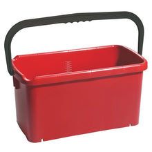 The BUCKET, SQUARE, PP from Haug Bürsten KG holds 20 L (480x235x230 mm), is made of red polypropylene, and has a large black handle. The interior is empty, the sides are smooth, and the bottom is slightly rounded.