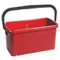 The BUCKET, SQUARE, PP from Haug Bürsten KG holds 20 L (480x235x230 mm), is made of red polypropylene, and has a large black handle. The interior is empty, the sides are smooth, and the bottom is slightly rounded.