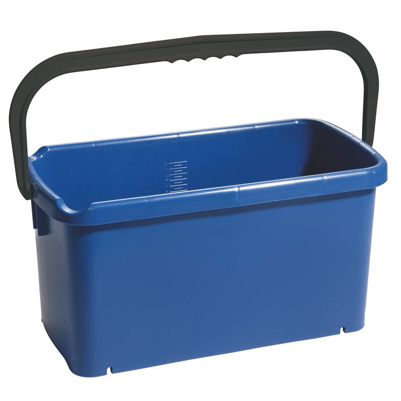 The Haug Bürsten KG BUCKET, SQUARE, PP bucket (20L, 480x235x230mm) is rectangular, blue with a black handle, and shown empty on a white background.