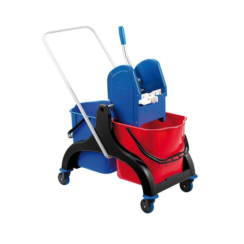The DOUBLE BUCKET WITH MOP PRESS RED/BLUE from Haug Bürsten KG (630x400x490/690mm) with a metal handle and two buckets is the ideal cleaning tool for easy wringing and efficient work.