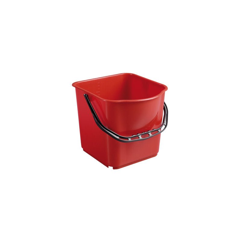 Pictured is a Haug Bürsten KG BUCKET, PP, 15L with a black handle (340x335x285mm) against a white background. The red bucket has a square shape with rounded edges.