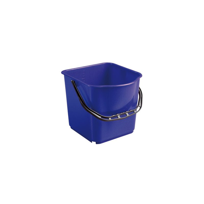 The Haug Bürsten KG BUCKET, PP, 15L with a black handle (340x335x285mm) is shown against a white background. The rectangular blue bucket has rounded corners and a practical black handle for easy carrying.