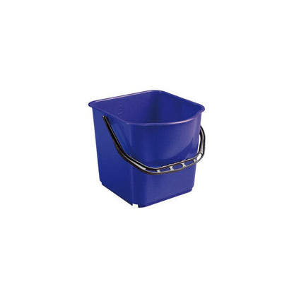 The Haug Bürsten KG BUCKET, PP, 15L with a black handle (340x335x285mm) is shown against a white background. The rectangular blue bucket has rounded corners and a practical black handle for easy carrying.
