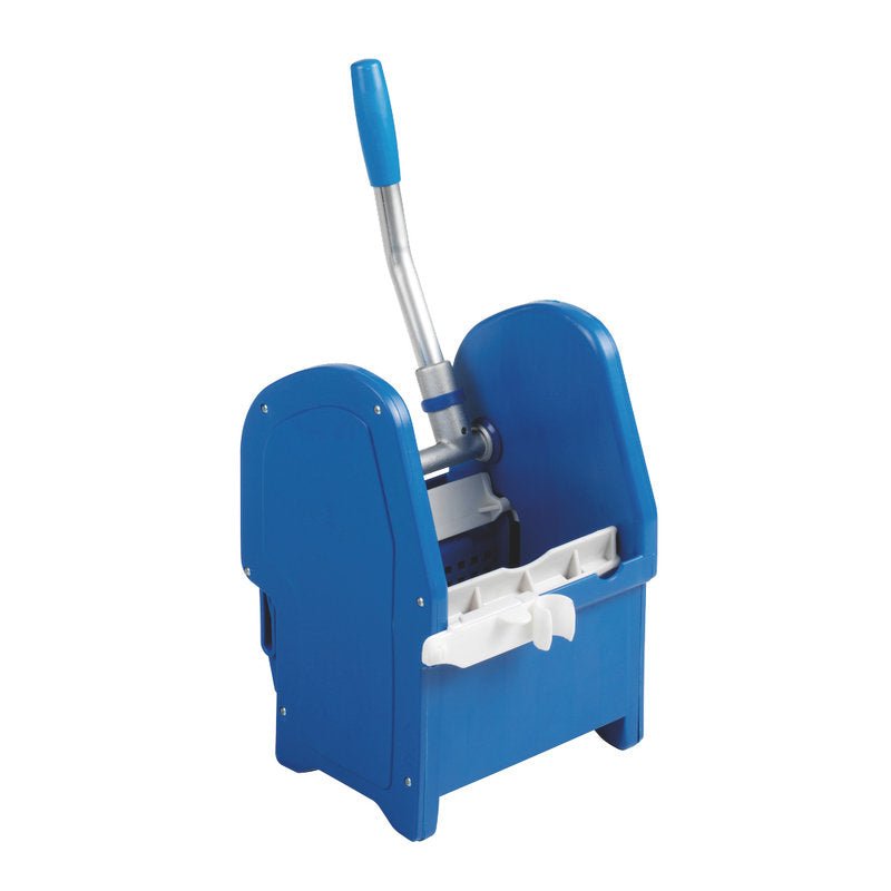The MOP PRESS, BLUE 230X220X340MM from Haug Bürsten KG features an ergonomic design, metal handle, and white lever. Freestanding with side protection panels, it ensures safe wringing of the mop during professional cleaning.