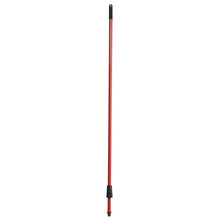 The IN-UP broom handle from Haug Bürsten KG made of red steel tube (outer diameter 21mm, 1300mm long) stands vertically with black plastic ends against a white background.