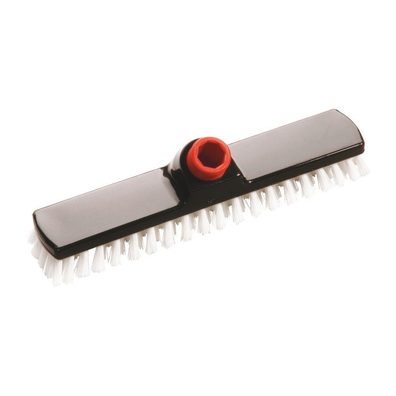 A black IN-UP WIPER cleaning brush head of Haug Bürsten KG, made of PP with white 0.35 mm hard bristles and a red threaded connection, measuring 280×50×25 mm - ideal for the thorough cleaning of various surfaces.