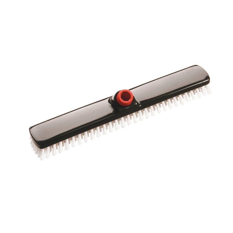 The IN-UP Wide-Area Wiper from Haug Bürsten This scrub brush, featuring white, stiff PP bristles (ø 0.35 mm) and a red, angled handle, effectively cleans large surfaces. Dimensions: 400 x 60 x 25 mm. Shown against a white background.