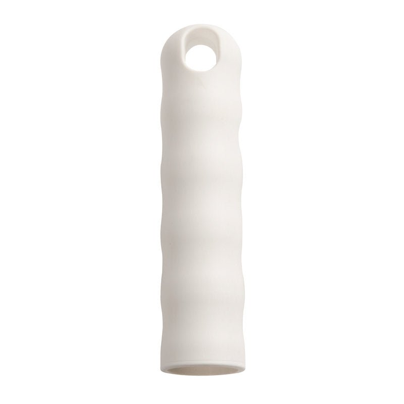 The Haug Bürsten KG HANGING CAP FOR ALL HANDLES M.OUTER-ø 25MM is a white, cylindrical cap measuring 125xø30mm with a wavy surface, an open bottom, and a small round hole near the top for storage or hanging.