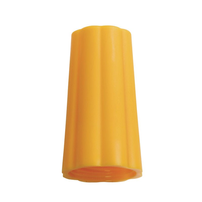 A yellow OUTER SLEEVE NUT Ø 25MM YELLOW (BENETTON) from Haug Bürsten KG stands upright against a white background, showcasing its tapered shape and wavy outer surface. Size: 74 x Ø42mm.