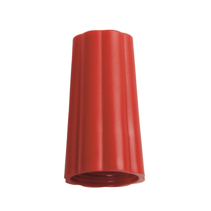 A red OUTER CAP NUT Ø 25MM from Haug Bürsten KG (Model: 74XØ 42MM), similar to a ribbed plastic wire connector, has an open thread at the bottom and a closed top and is typically used for connecting electrical wires.
