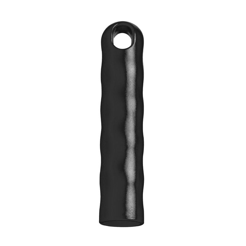 A black, cylindrical "HANGING CAPS FOR ALL HANDLES WITH OUTER-ø 22MM, BLACK" from Haug Bürsten KG with a wavy surface, hollow, open bottom, and a round hole near the tip. Ideal for tool storage; depicted on a white background.