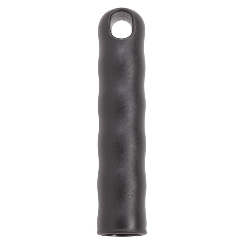 The HANGING CAP FOR ALL HANDLES OUTSIDE-ø 21MM,125Xø21MM,BLACK from Haug Bürsten KG is a black cylindrical handle with finger grooves and a hanging cap for space-saving storage, depicted on a white background.