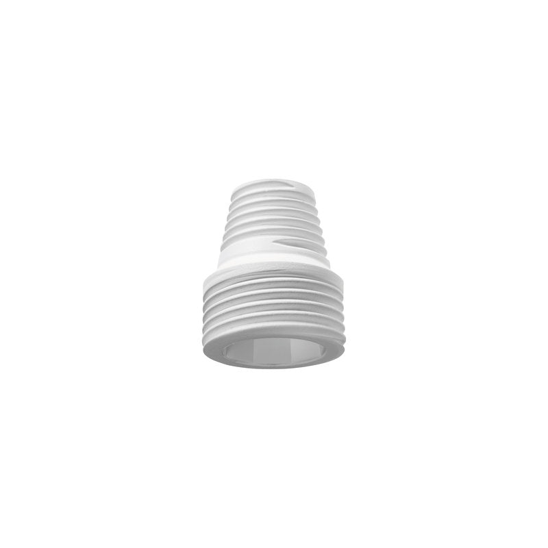 The side view shows the white plastic adapter with thread F.ROHRBÜRSTEN, F.ALL HANDLES M.HAUG PLUG SYSTEM of Haug Bürsten KG in a conical shape for the Haug plug system against a plain white background.