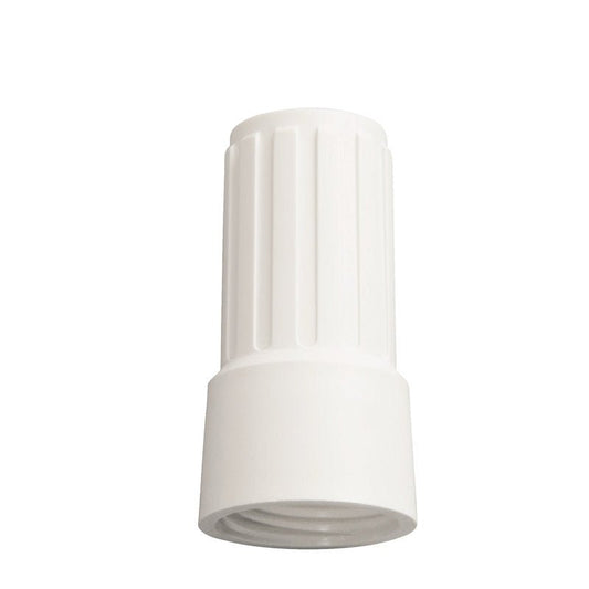 The NUT FOR ADAPTER E1100019 from Haug Bürsten KG is a white plastic connector with vertical grooves, standing upright on a plain white background, ideal for making a robust connection.