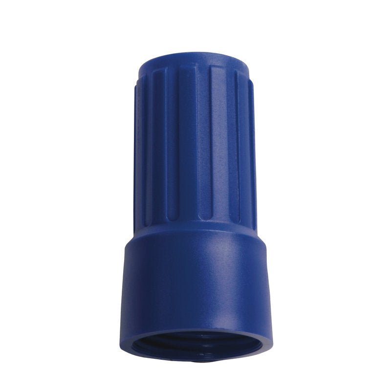 Blue plastic wire connector with a ribbed top and smooth bottom for twisting electrical wires, compatible with the NUT FOR ADAPTER E1100019 from Haug Bürsten KG for secure connections.