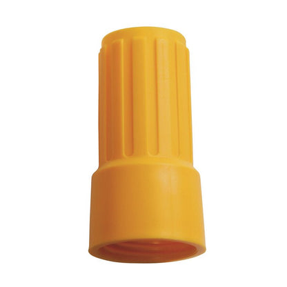 The NUT FOR ADAPTER E1100019 from Haug Bürsten KG is a yellow plastic connector with a ribbed cylindrical shape and closed end, used for secure electrical wire connections.