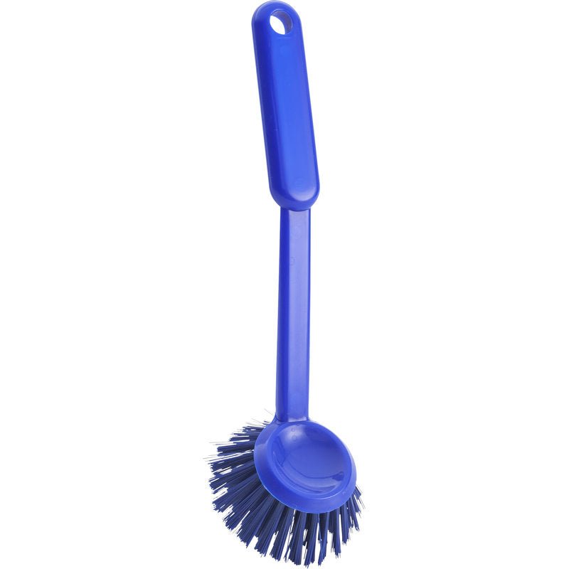 The ROUND DISH BRUSH from Haug Bürsten KG has 0.35mm hard bristles, a round head (255xø70x23mm) and a handle with a hanging hole - ideal for kitchen cleaning.