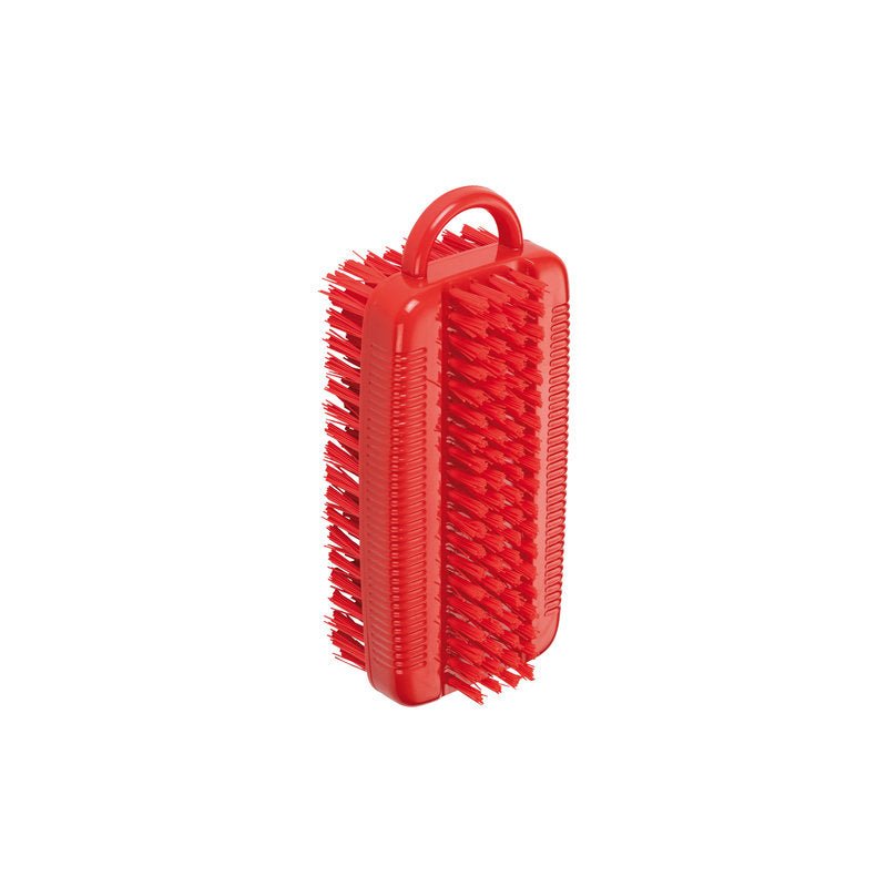 The NAIL BRUSH DOUBLE, ø 0.35MM MEDIUM/HARD from Haug Bürsten KG is a red rectangular nail brush with medium-hard bristles and a rounded handle, ideal for cleaning nails and cuticles. Shown against a white background.