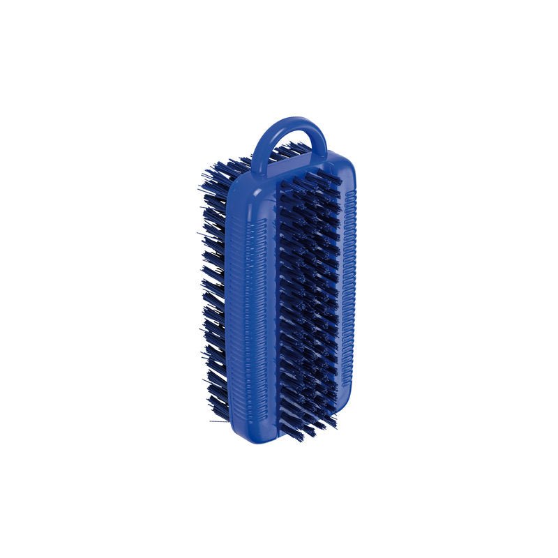 The Haug Bürsten KG NAIL BRUSH DOUBLE, ø 0.35MM MEDIUM/HARD has blue, medium-hard bristles on two sides and a curved handle, ideal for effective cleaning of nails and cuticles. Pictured upright on a white background.