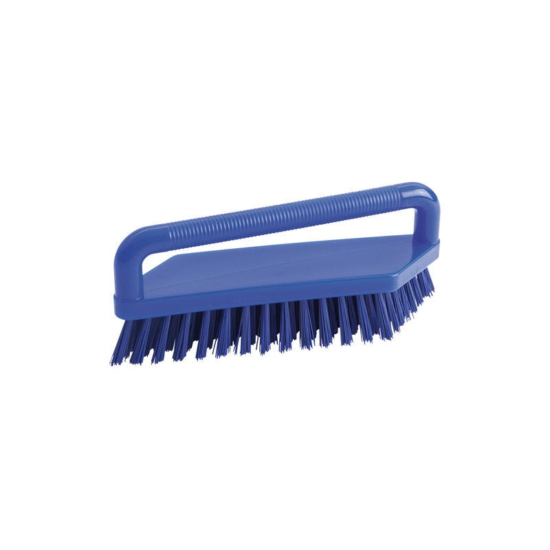A blue SCRUB BRUSH from Haug Bürsten KG with firm, angled PBT bristles (180x48x22mm) and a ribbed, rectangular handle above the bristle head.