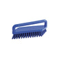 A blue SCRUB BRUSH from Haug Bürsten KG with firm, angled PBT bristles (180x48x22mm) and a ribbed, rectangular handle above the bristle head.