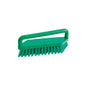 The Haug Bürsten KG SCRUB BRUSH, PBT, 180x48x22mm, hard has stiff, angled PBT bristles and a green, rectangular plastic handle for surface cleaning. Pictured against a white background.