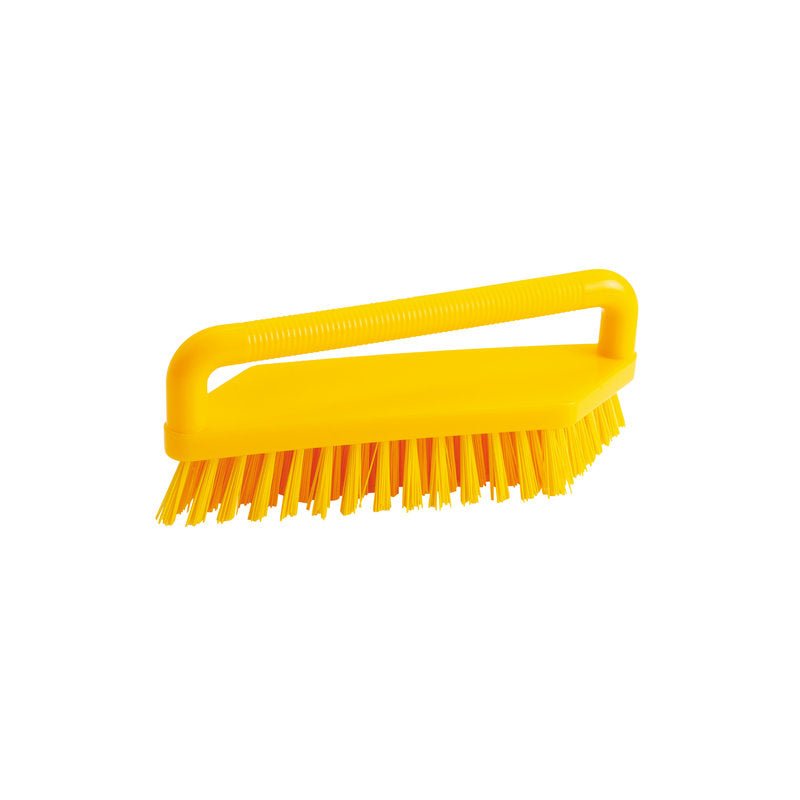 The SCRUB BRUSH from Haug Bürsten KG is a yellow hand brush with stiff PBT bristles and an angled handle (180x48x22mm), pictured on a white background.