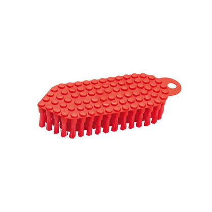 A red plastic Haug Bürsten KG FLEXO-BRUSH, ø 0.35MM MEDIUM (190x70x25 mm), with a textured, rounded top, stiff bristles on the bottom, and a hanging hole at one end. Displayed against a plain white background.