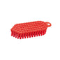 A red plastic Haug Bürsten KG FLEXO-BRUSH, ø 0.35MM MEDIUM (190x70x25 mm), with a textured, rounded top, stiff bristles on the bottom, and a hanging hole at one end. Displayed against a plain white background.