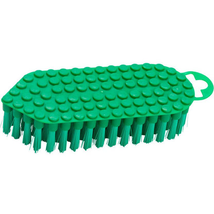 The Haug Bürsten KG FLEXO-BRUSH, ø 0.35MM MEDIUM (190x70x25 mm) is a green scrubber with stiff bristles and a textured, oval plastic handle with circular elevations and an open hanging loop.