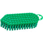 The Haug Bürsten KG FLEXO-BRUSH, ø 0.35MM MEDIUM (190x70x25 mm) is a green scrubber with stiff bristles and a textured, oval plastic handle with circular elevations and an open hanging loop.