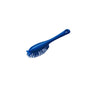 The HANDLE BRUSH WITH SHORT HANDLE PBT from Haug Bürsten KG in blue, made of plastic with stiff PBT bristles and a curved handle, has a hole for hanging and is shown against a white background.