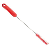 The PIPE BRUSH ø 0.35MM HARD (305xø15x80mm) from Haug Bürsten KG features a red plastic handle and durable red bristles on a long metal shaft, ideal for cleaning tight or hard-to-reach areas and removing stubborn dirt.