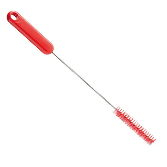 The PIPE BRUSH ø 0.35MM HARD (305xø15x80mm) from Haug Bürsten KG features a red plastic handle and durable red bristles on a long metal shaft, ideal for cleaning tight or hard-to-reach areas and removing stubborn dirt.