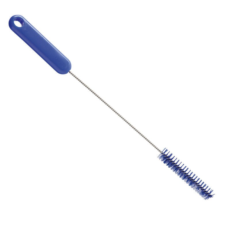 The Haug Bürsten KG PIPE BRUSH, ø 0.35MM HARD, 305Xø15X80MM has a blue handle with a hanging hole and a long, thin shaft with cylindrical bristles - ideal for pipe cleaning and removing stubborn dirt.