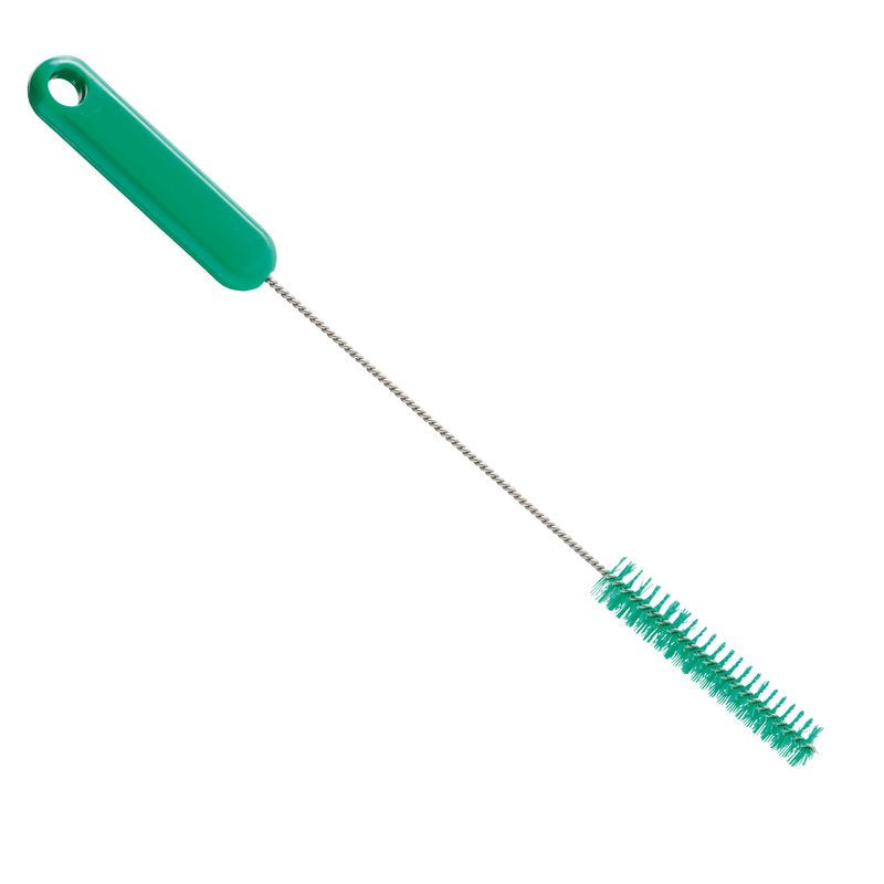 The PIPE BRUSH, ø 0.35MM HARD, 305Xø15X80MM from Haug Bürsten KG has a green plastic handle, a long metal shaft, and cylindrical green bristles - ideal for pipe cleaning and removing stubborn dirt from narrow containers.