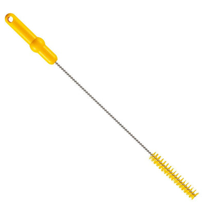 The Haug Bürsten KG PIPE BRUSH, ø 0.50MM HARD 500Xø 20MM features a yellow handle, a long metal shaft, and spiral yellow bristles - perfect for pipe cleaning and cleaning narrow containers.