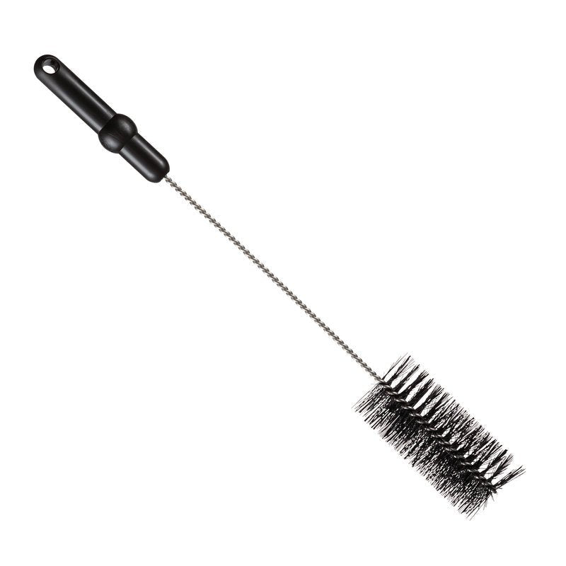 The Haug Bürsten KG PIPE BRUSH, ø 0.50mm medium 500xø 60mm, has cylindrical black bristles, a long twisted metal handle, and a black plastic handle, depicted against a white background.