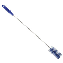 The PIPE BRUSH, ø 0.50MM MEDIUM 700Xø 60MM from Haug Bürsten KG features a blue plastic handle, a long metal stem, and cylindrical blue bristles at one end - ideal for pipe cleaning - in front of a white background.
