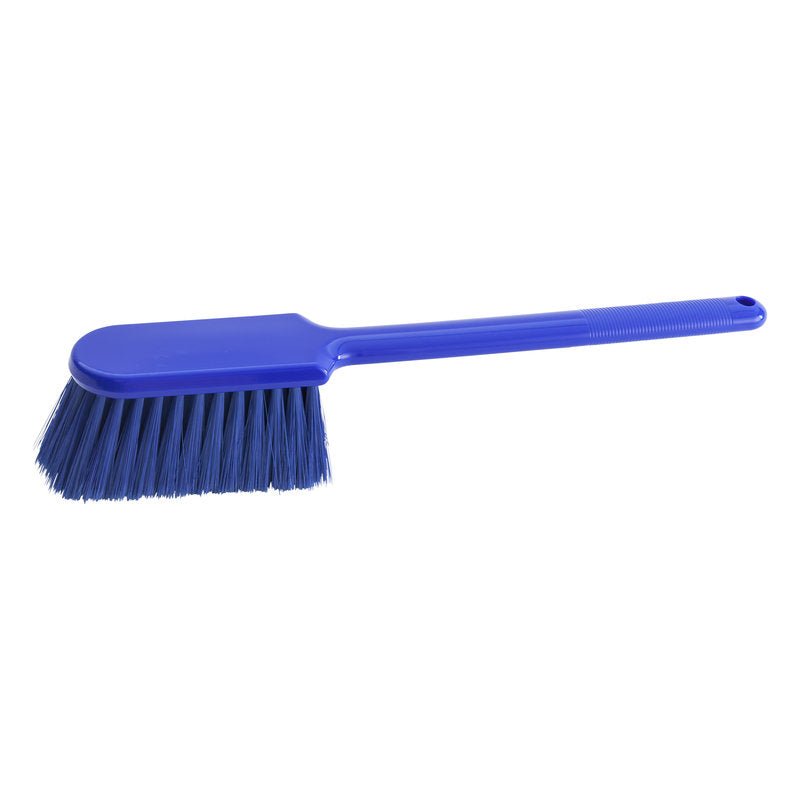 A SPREADING KNIFE in blue from Haug Bürsten KG with soft, dense PBT blue bristles (ø 0.25mm, unsharpened) and a 395mm long handle, depicted on a plain white background.