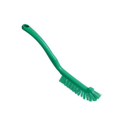 The FUGENBÜRSTE ø 0.50MM HARD from Haug Bürsten KG has sturdy bristles and a long, slightly curved handle with a hanging hole for easy joint cleaning. Size: 220x15x19mm. Green brush on a plain white background.