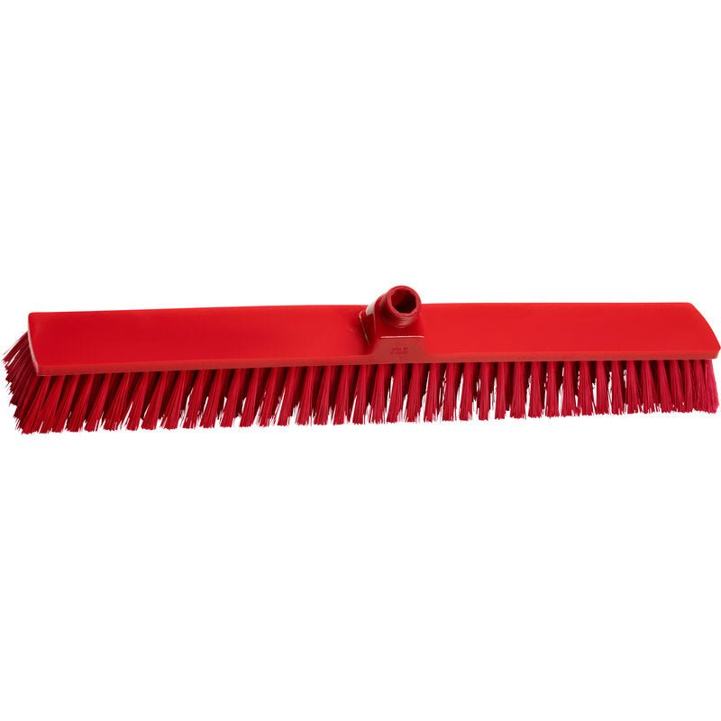 The red LARGE AREA BROOM, PBT ø 0.50 MM MEDIUM (600x72x51 mm) from Haug Bürsten KG is ideal for sweeping large areas with its stiff PBT bristles and central handle socket. Pictured against a white background.