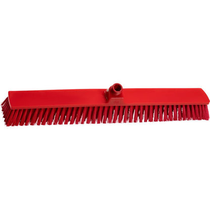 The red LARGE AREA BROOM, PBT ø 0.50 MM MEDIUM (600x72x51 mm) from Haug Bürsten KG is ideal for sweeping large areas with its stiff PBT bristles and central handle socket. Pictured against a white background.